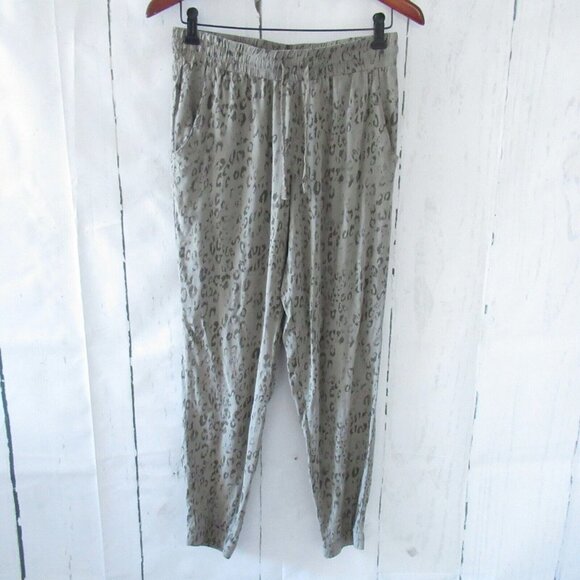 Pink Rose Jogger Pants L Green Leopard Print High Waisted Rise Ankle Crop - Picture 1 of 6